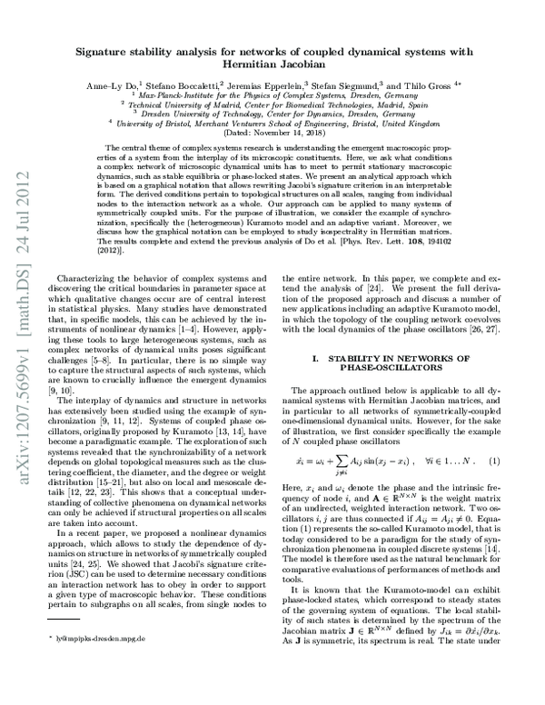 (PDF) Signature stability analysis for networks of coupled dynamical ...