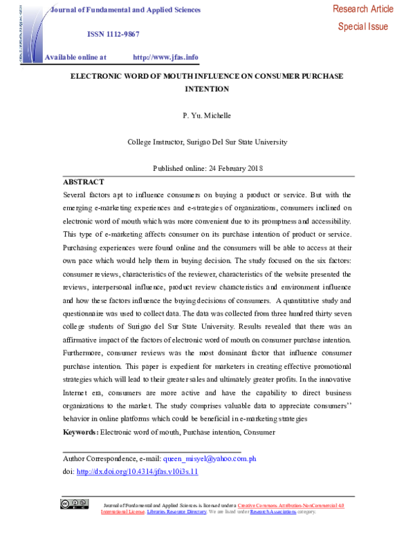 (PDF) Electronic Word of Mouth and Influence on Consumer Purchase Intention