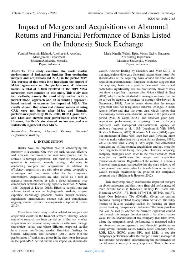 (PDF) Impact of Mergers and Acquisitions on Abnormal Returns and ...
