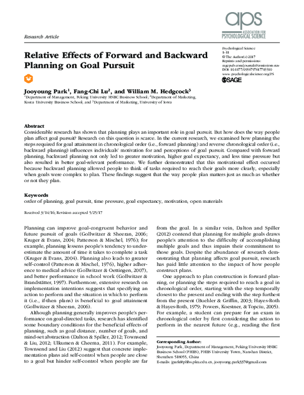 (PDF) Relative Effects of Forward and Backward Planning on Goal Pursuit