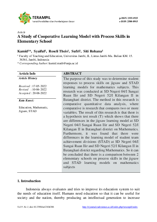 (PDF) A Study of Cooperative Learning Model with Process Skills in ...