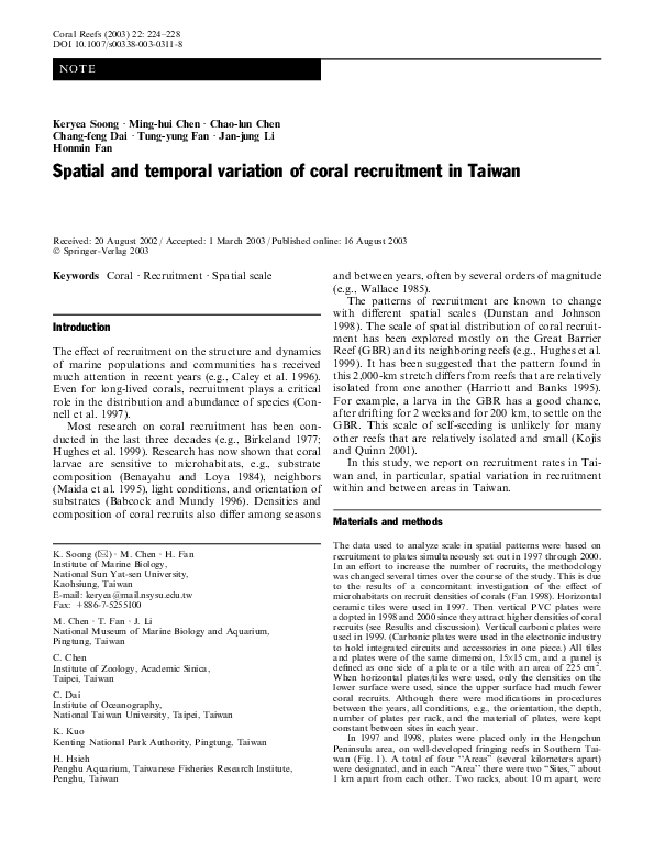 (PDF) Spatial and temporal variation of coral recruitment in Taiwan