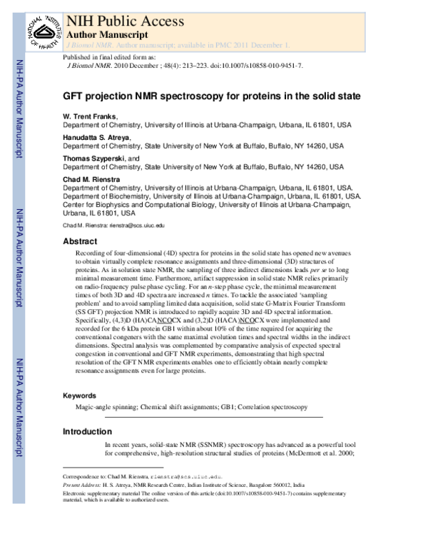 (PDF) GFT projection NMR spectroscopy for proteins in the solid state