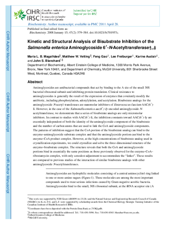 (PDF) Kinetic and Structural Analysis of Bisubstrate Inhibition of the ...