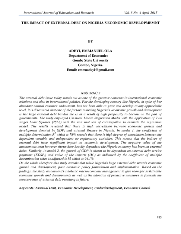 (PDF) The Impact of External Debt on Nigeria's Economic Developmemnt