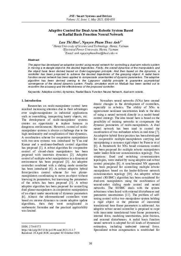 (PDF) Adaptive Control for Dual-Arm Robotic System Based on Radial ...