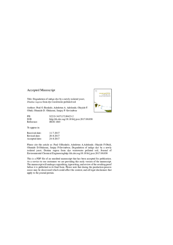 (PDF) Degradation of indigo dye by a newly isolated yeast, Diutina ...