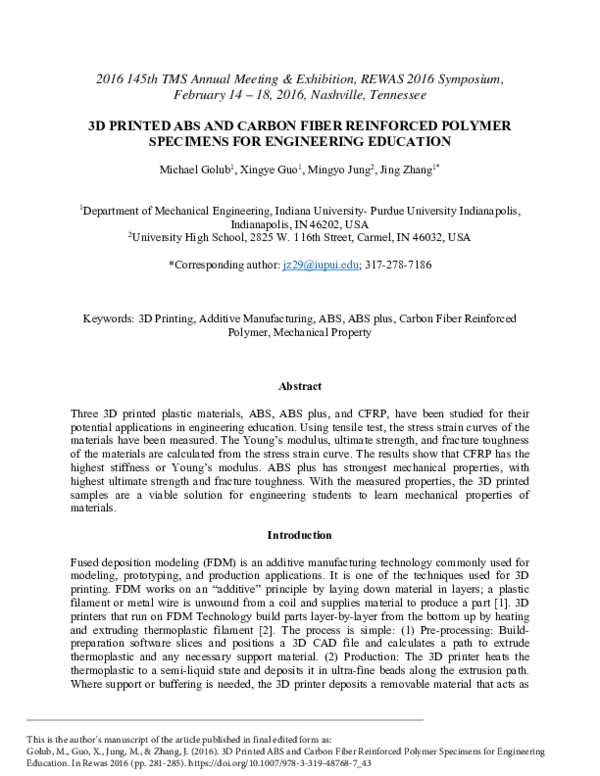 (PDF) 3D Printed ABS and Carbon Fiber Reinforced Polymer Specimens for ...
