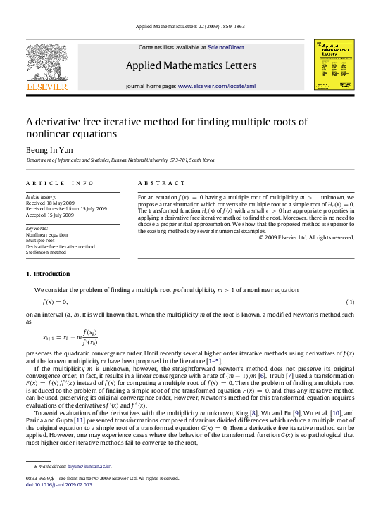 (PDF) A derivative free iterative method for finding multiple roots of ...