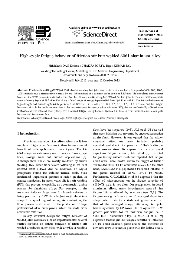 (PDF) High-cycle fatigue behavior of friction stir butt welded 6061 ...