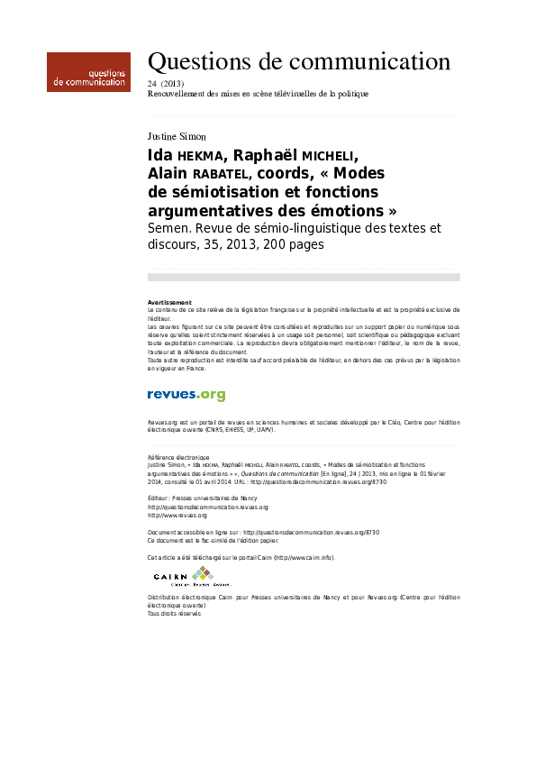 (PDF) Ida Hekma, Raphaël Micheli, Alain Rabatel, coords, « Modes de ...