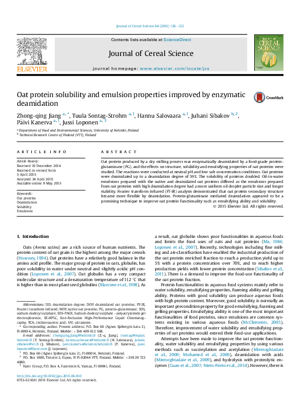 (PDF) Oat protein solubility and emulsion properties improved by ...
