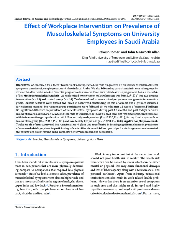 (PDF) Effect of Workplace Intervention on Prevalence of Musculoskeletal ...