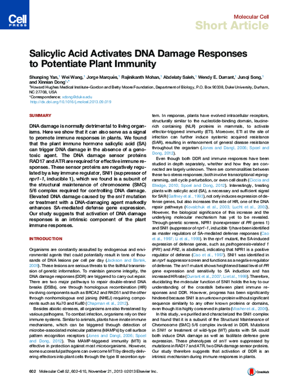 (PDF) Salicylic Acid Activates DNA Damage Responses to Potentiate Plant ...