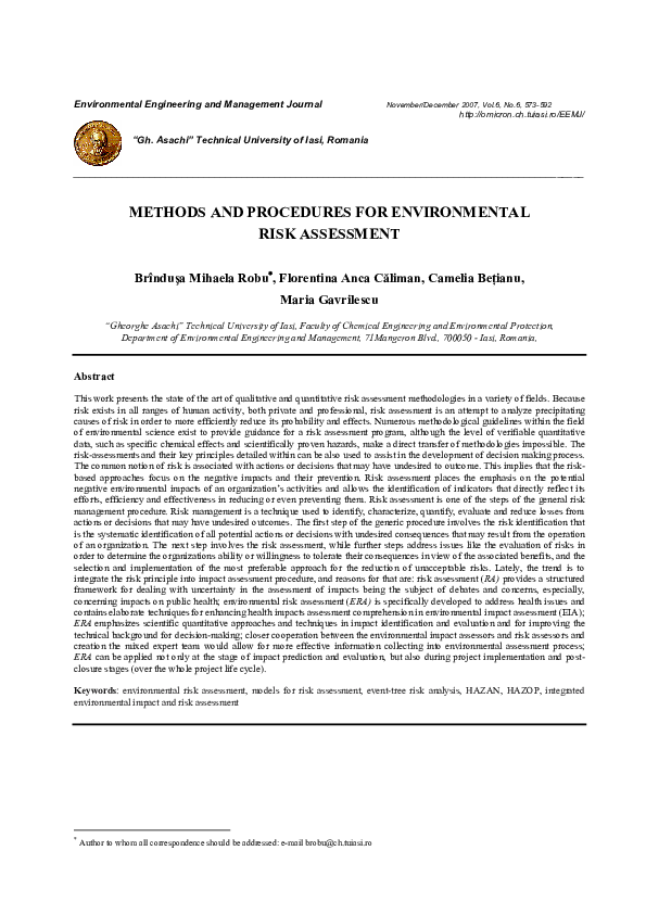 (PDF) Methods and Procedures for Environmental Risk Assessment