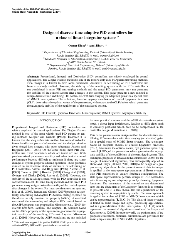 (PDF) Design of Discrete-Time Adaptive PID Controllers for a Class of ...
