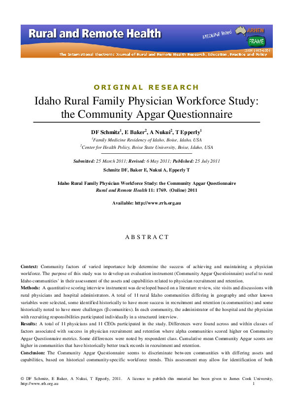 (PDF) Idaho Rural Family Physician Workforce Study the Community Apgar