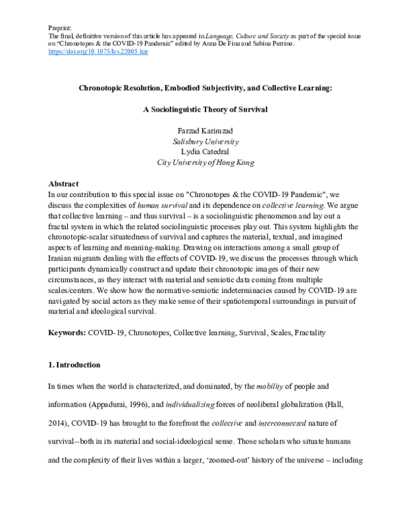(PDF) Chronotopic Resolution, Embodied Subjectivity, and Collective ...