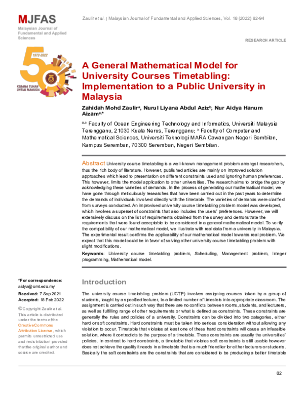 (PDF) General University Course Timetabling Mathematical Model to a ...