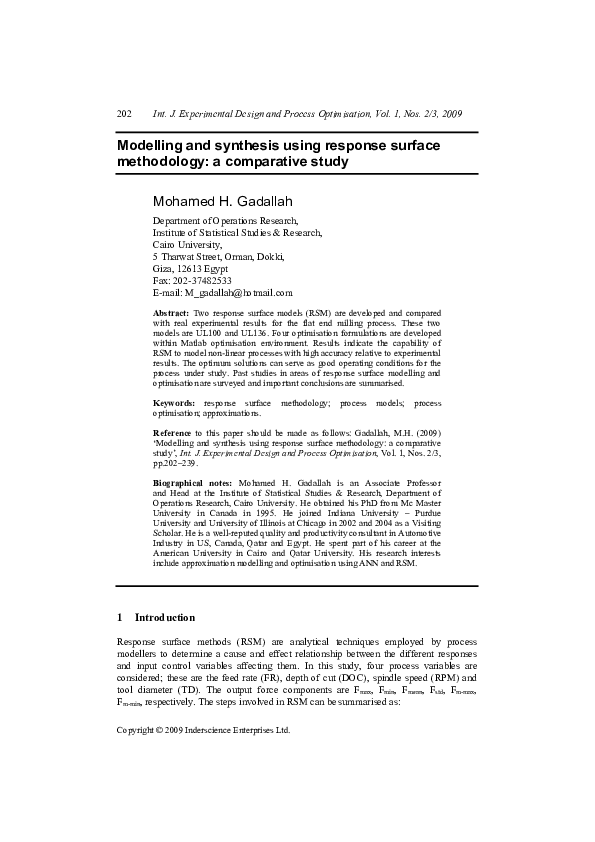 (PDF) Modelling and synthesis using response surface methodology: a ...