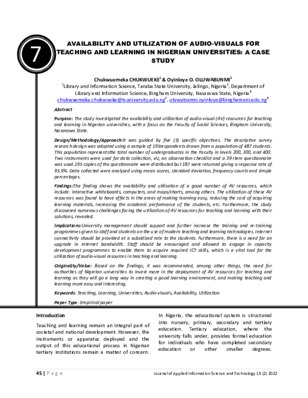 (PDF) AVAILABILITY AND UTILIZATION OF AUDIOVISUALS FOR TEACHING AND