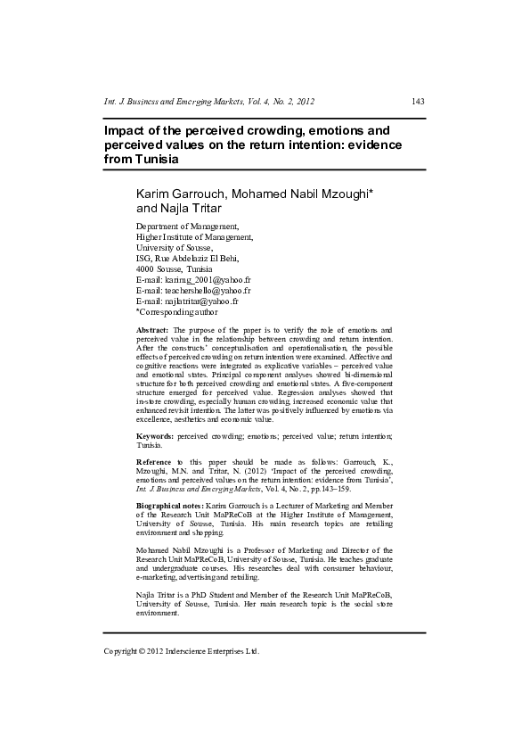 (PDF) Impact of the perceived crowding, emotions and perceived values ...