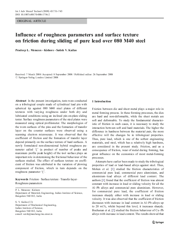 (PDF) Influence of roughness parameters and surface texture on friction ...