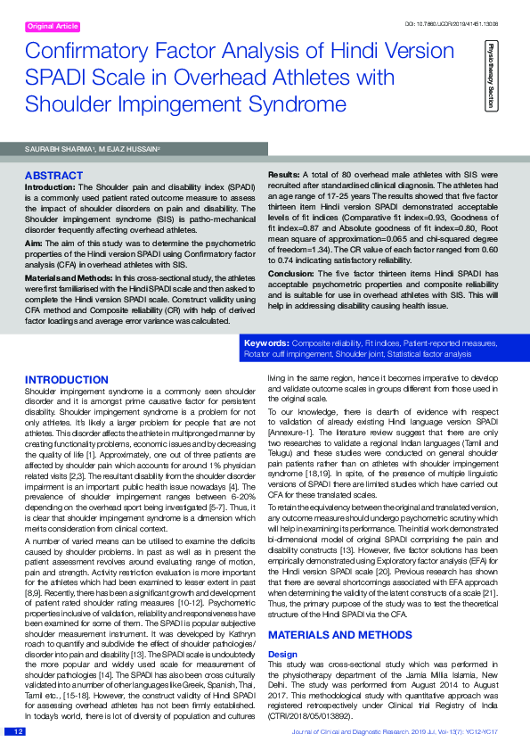 (PDF) Confirmatory Factor Analysis of Hindi Version SPADI Scale in ...