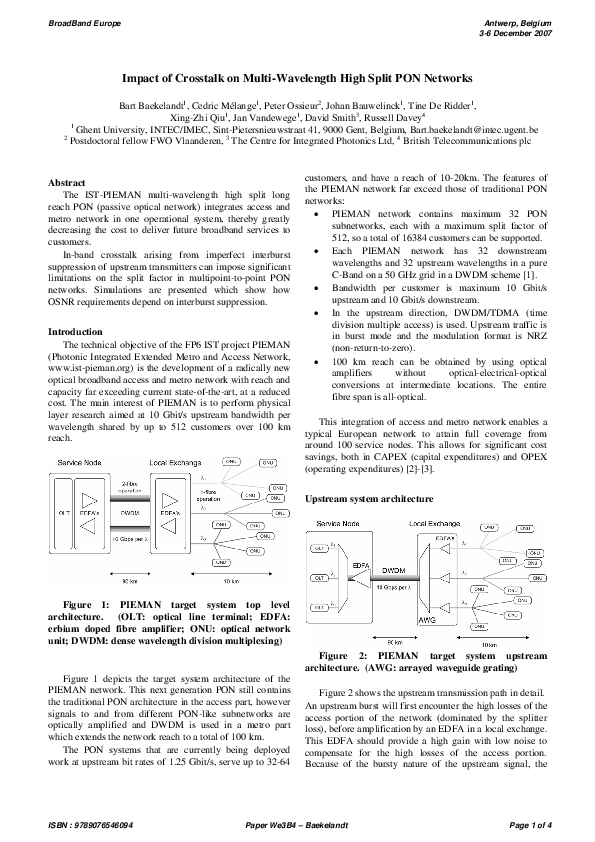 (PDF) Impact of crosstalk on multi-wavelength high split PON networks