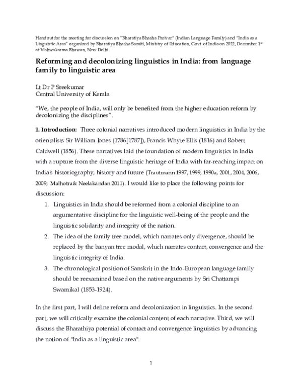 (DOC) Reforming and decolonizing linguistics in India: from language ...