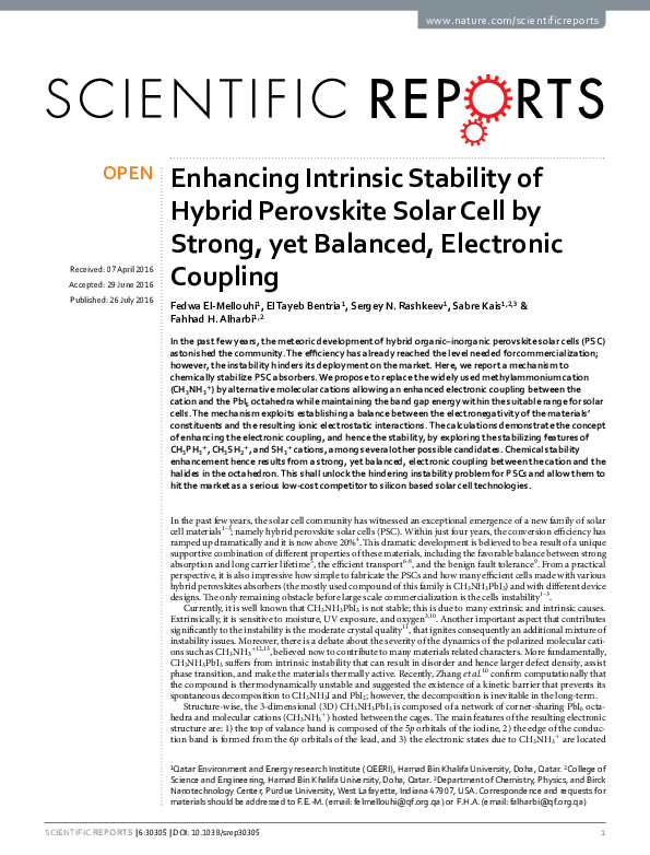 (PDF) Enhancing Intrinsic Stability of Hybrid Perovskite Solar Cell by ...