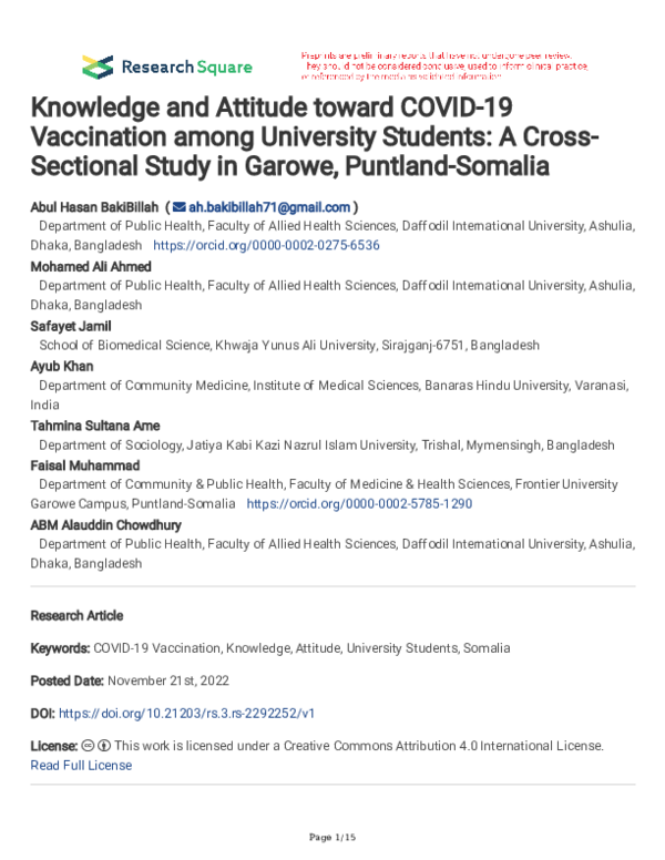 (PDF) Knowledge and Attitude toward COVID-19 Vaccination among ...
