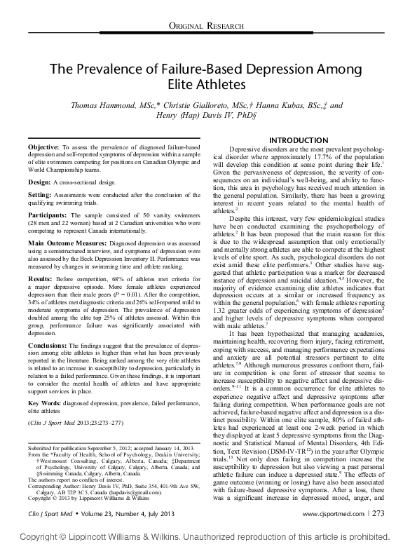 (PDF) The Prevalence of Failure-Based Depression Among Elite Athletes