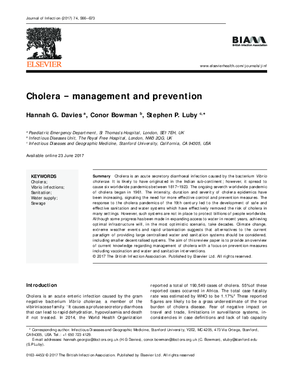 (PDF) Cholera – management and prevention