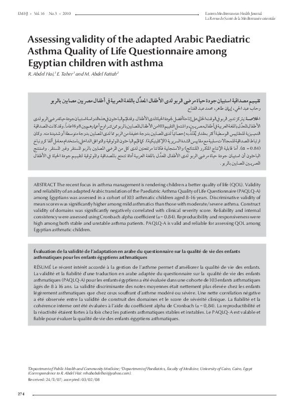 (PDF) Assessing validity of the adapted Arabic Paediatric Asthma ...