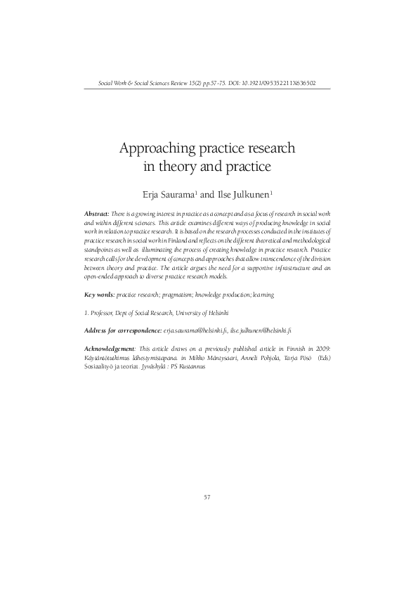 (PDF) Approaching practice research in theory and practice