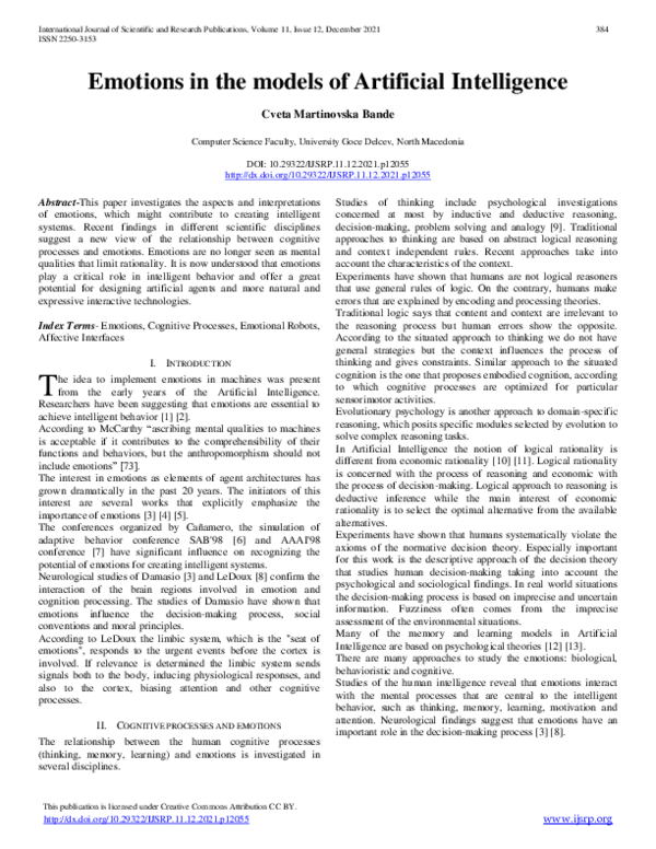 (PDF) Emotions in the models of Artificial Intelligence