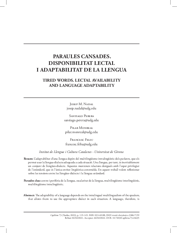 (PDF) Paraules cansades. Disponibilitat lectal i adaptabilitat de la ...