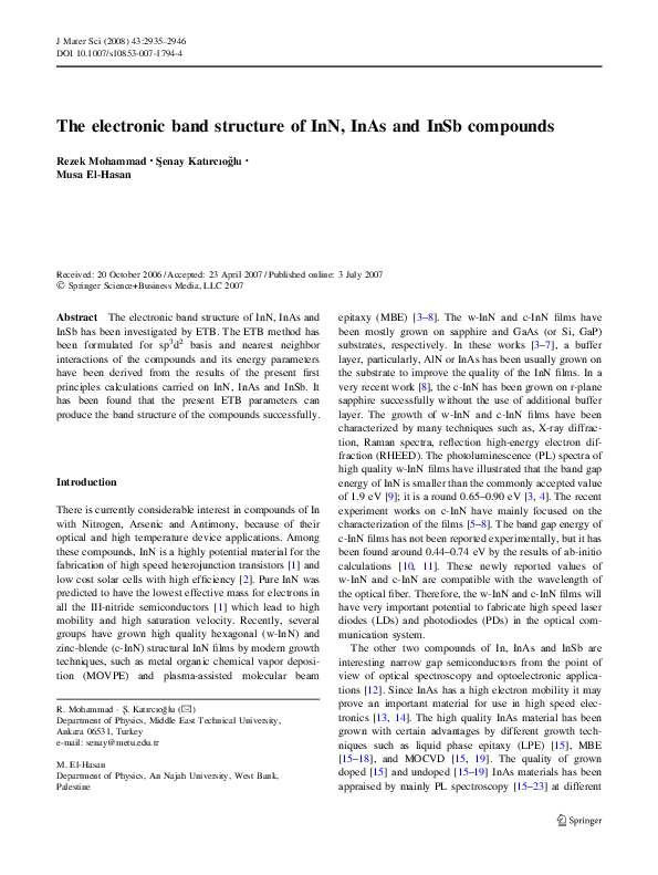 (PDF) The electronic band structure of InN, InAs and InSb compounds