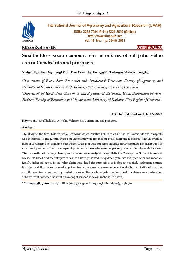 (PDF) Smallholders socio-economic characteristics of oil palm value ...