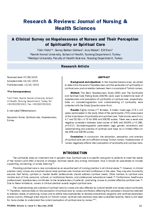 (PDF) A Clinical Survey on Hopelessness of Nurses and Their Perception ...