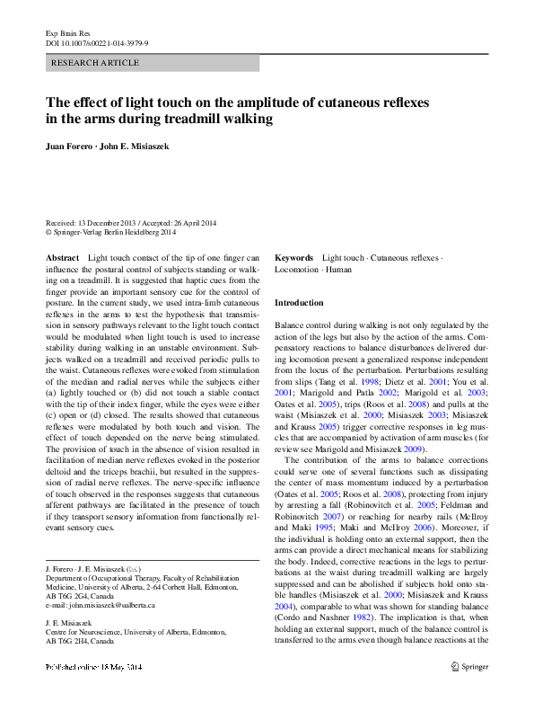 (PDF) The effect of light touch on the amplitude of cutaneous reflexes ...