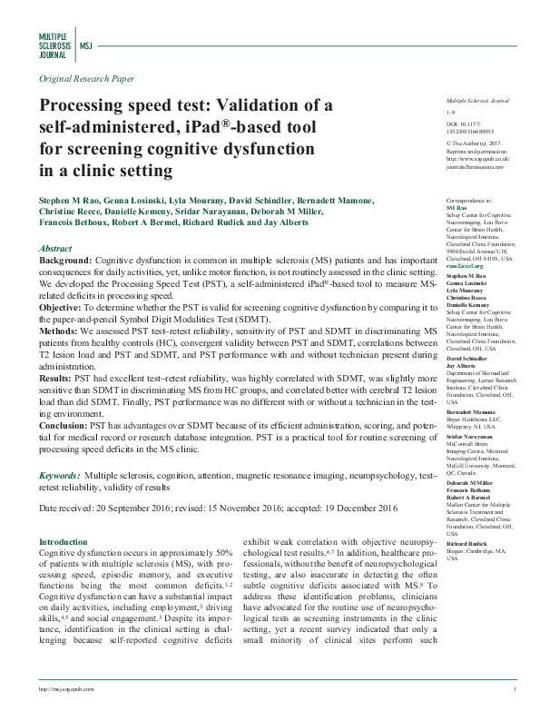 (PDF) Processing speed test: Validation of a self-administered, iPad ...