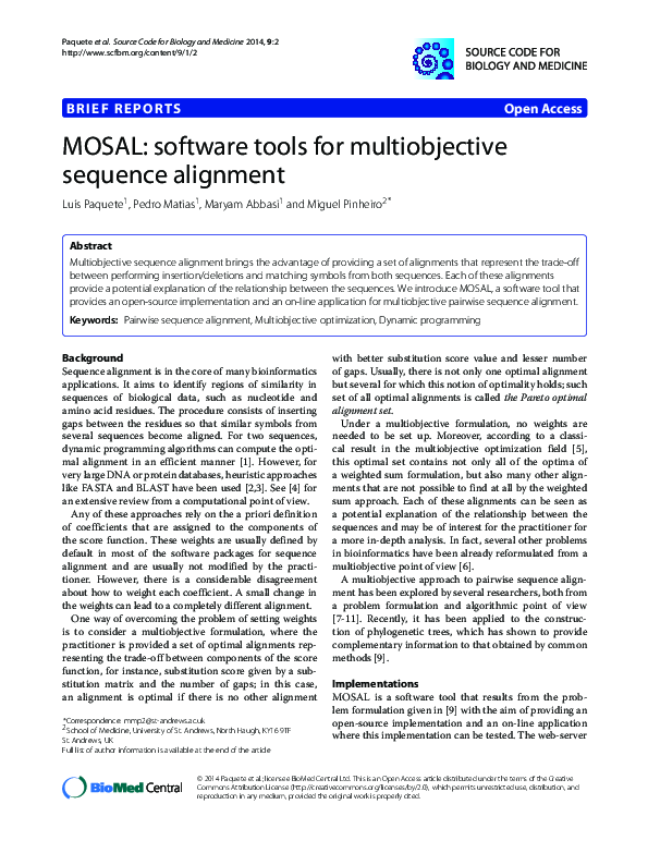 (PDF) MOSAL: software tools for multiobjective sequence alignment