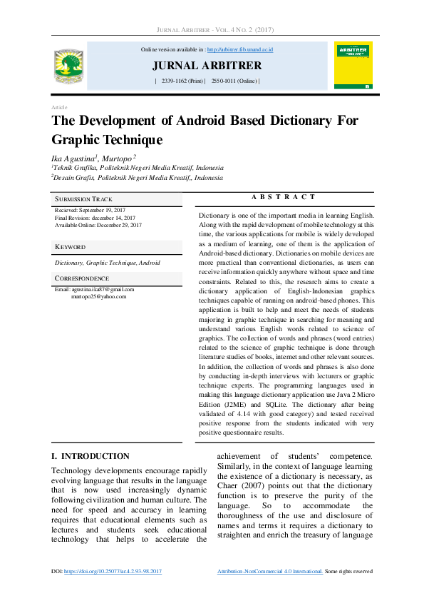 (PDF) The Development of Android Based Dictionary For Graphic Technique
