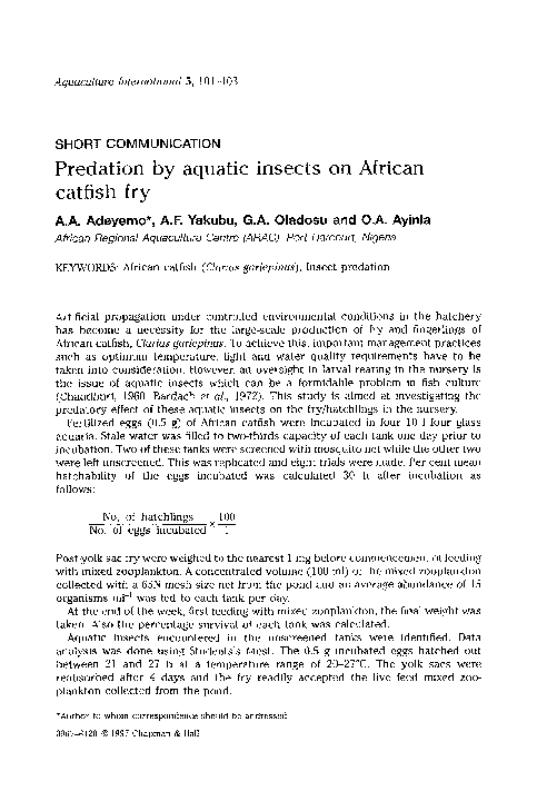 (PDF) Predation by aquatic insects on African catfish fry