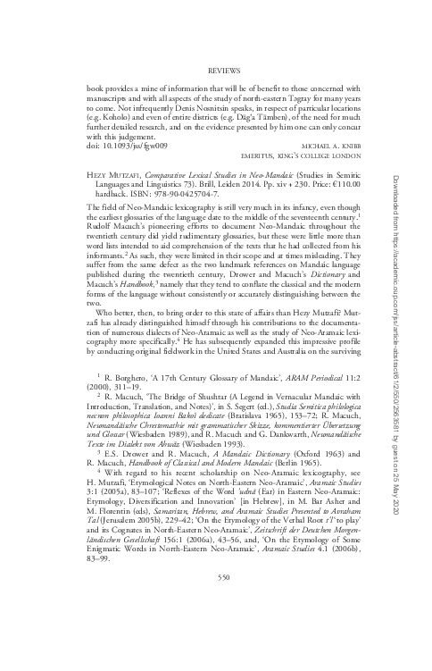 (PDF) Hezy Mutzafi,Comparative Lexical Studies in Neo-Mandaic