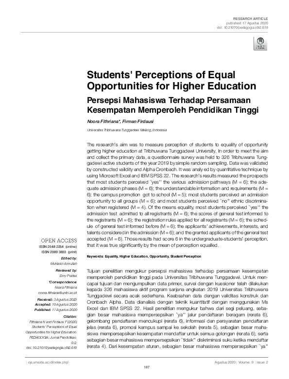 (PDF) Students' Perceptions of Equal Opportunities for Higher Education