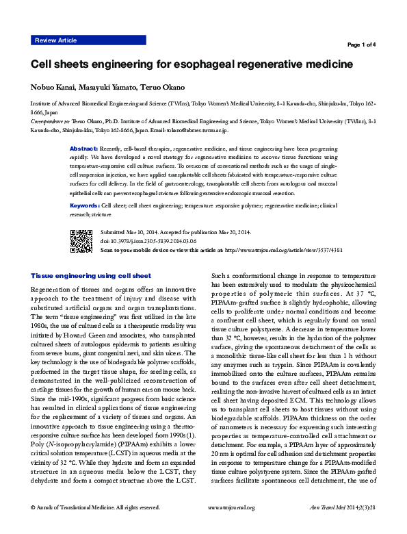 (PDF) Cell sheets engineering for esophageal regenerative medicine