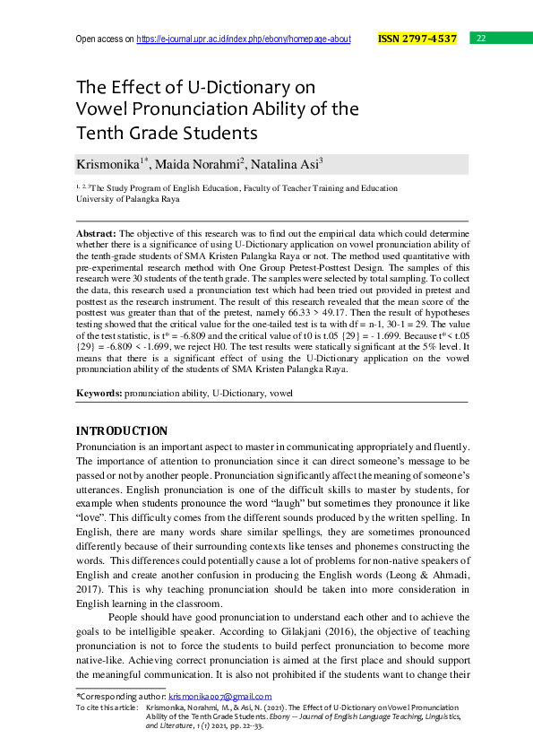 (PDF) The Effect of U-Dictionary on Vowel Pronunciation Ability of the ...